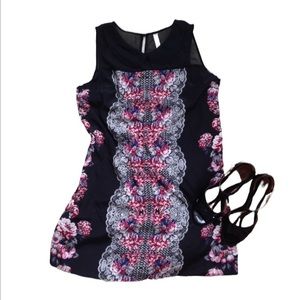 Vintage Y2K Xhilaration Black Floral Shift Mini Dress with Peter Pan Collar Sz M